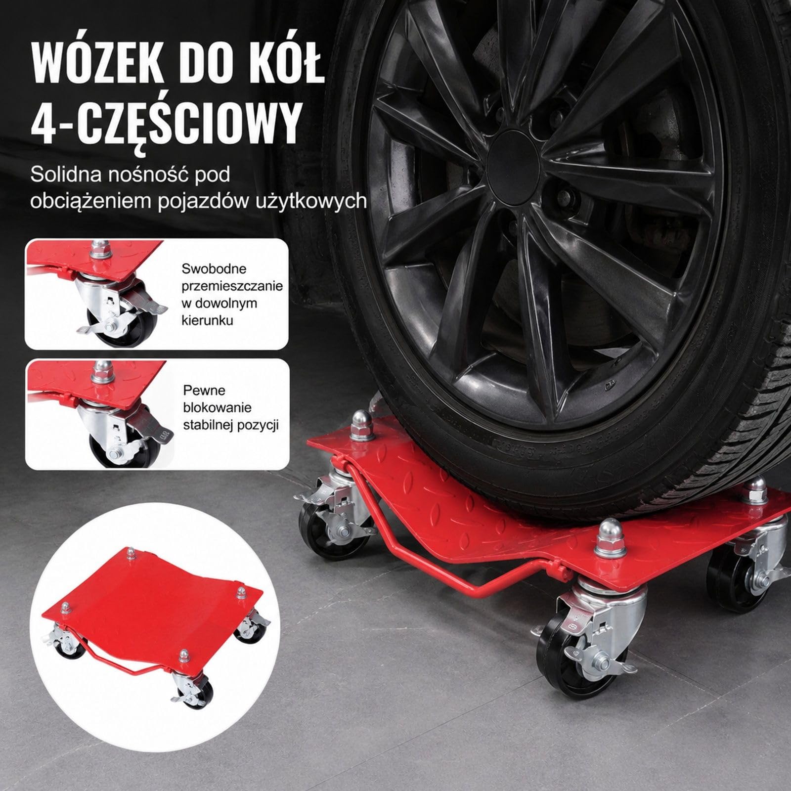 Zestaw wózków pod koła, 4 sztuki, 3600 kg, podpory opon do przemieszczania samochodu