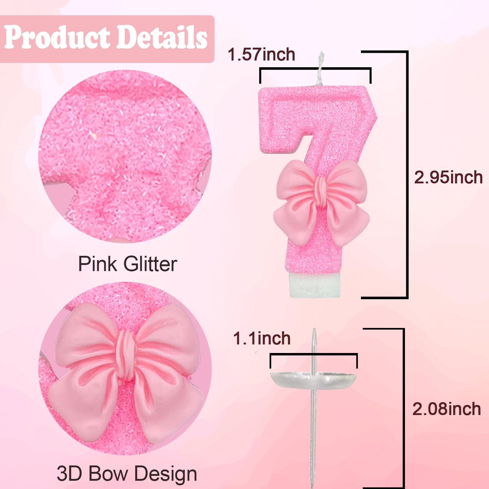 Pink Number 7 Candle for Girl Birthday Party Decorations, Girl 7th Birthday Party Decorations Supplies, 3D Bow Designed Pink Number Candles for Birthday Cake Topper Decorations (Pink 7 Candle)