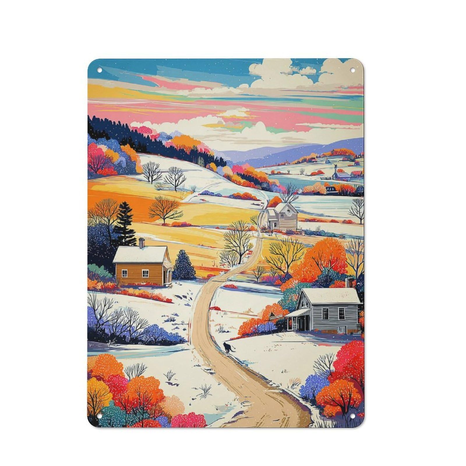 Junmoney Snowy Autumn Countryside Scene Clean Industrial Industrial Metal Sign 40X30cm, Studio Wall Art For Loft, Studio, Office Or Creative Room