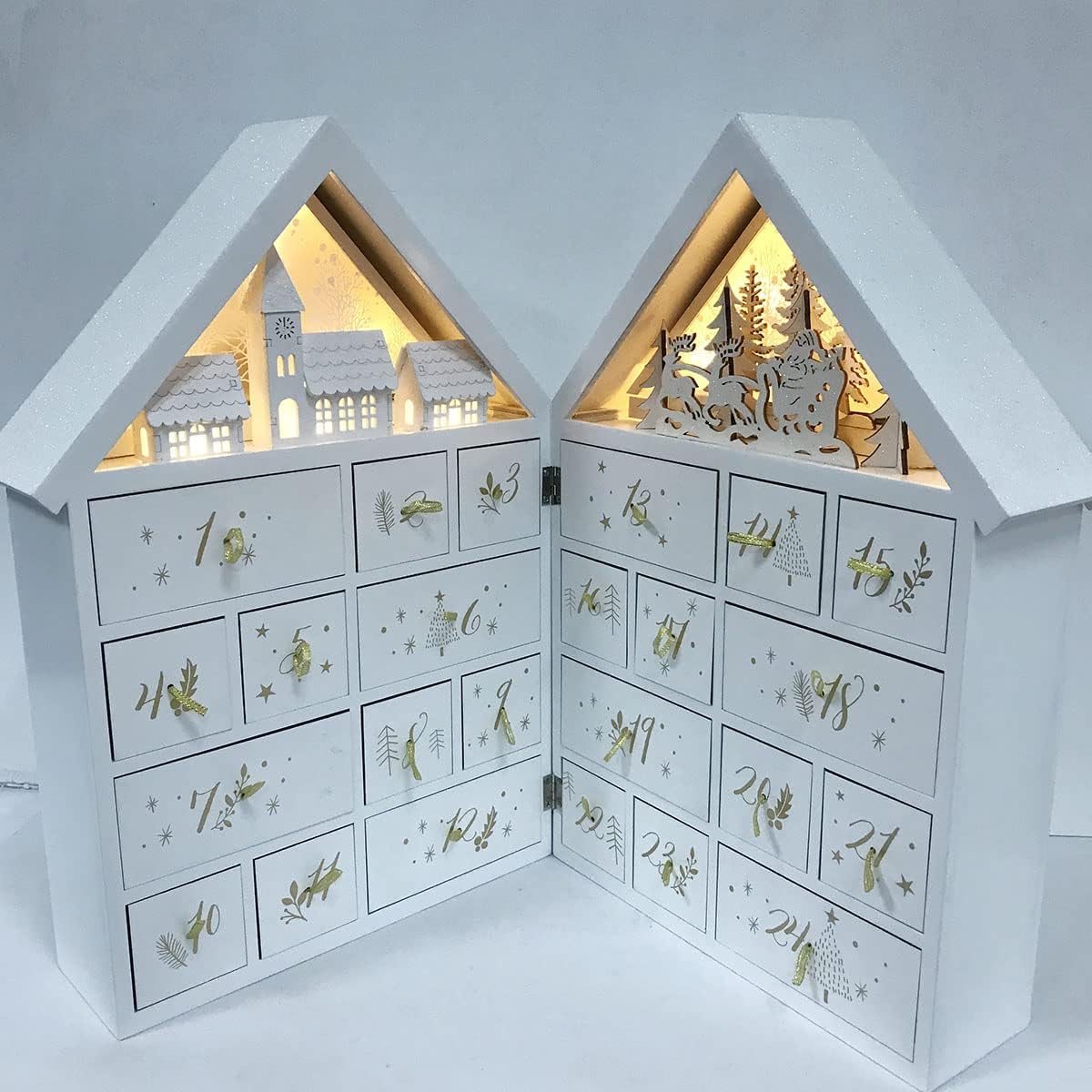 Extra-large Christmas Wooden Advent Calendar House with Drawers and Led Lights Countdown to Christmas Decoration (White) Size XXL