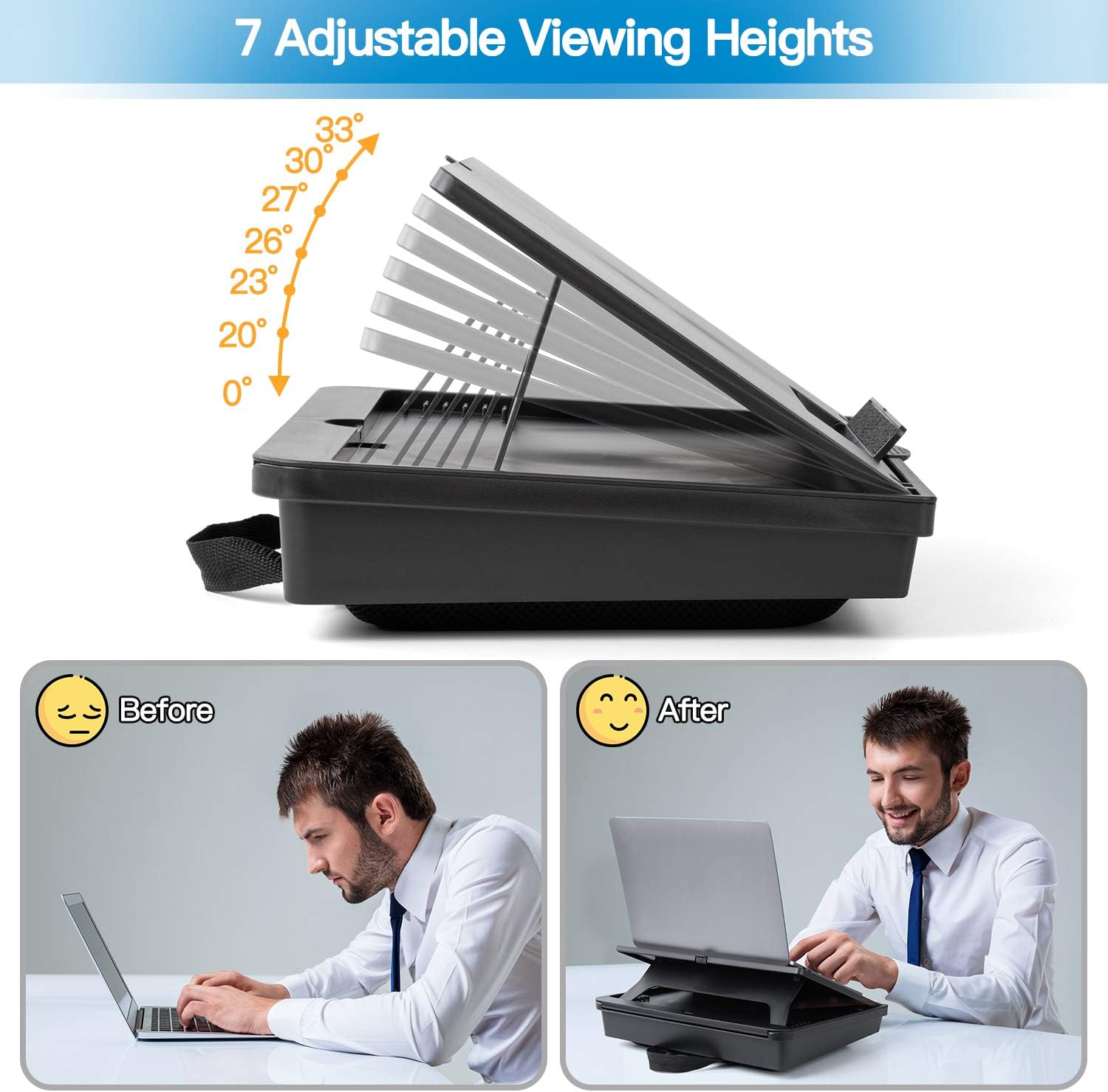 HUANUO Adjustable Lap Desk - Laptop Stand with Storage Space & 7 Adjustable Angles, Fits up to 15.6 Inch Laptops, Portable Lap Desk with Pillow Cushion for Laptop, Tablet & Reading