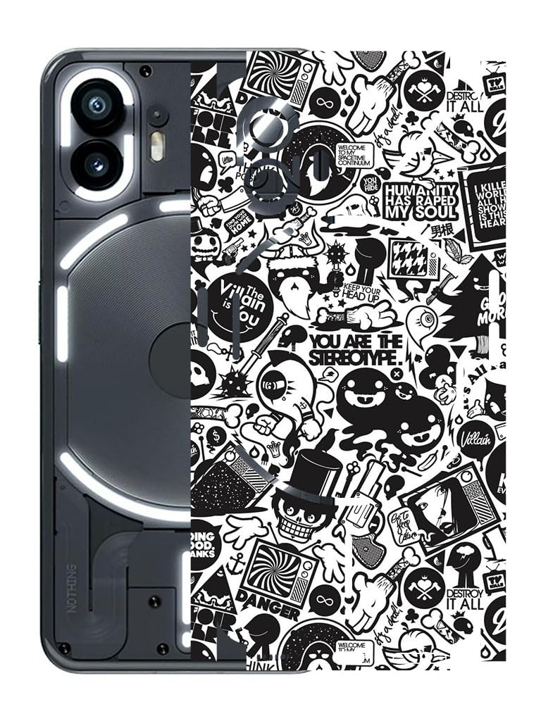 Nothing Phone 2 - Mobile Back Skin Sticker - Lamination - Rear Screen Guard Protector Film Wrap (Coverage - Back+Camera+Sides) (Design -B&W Graffiti)