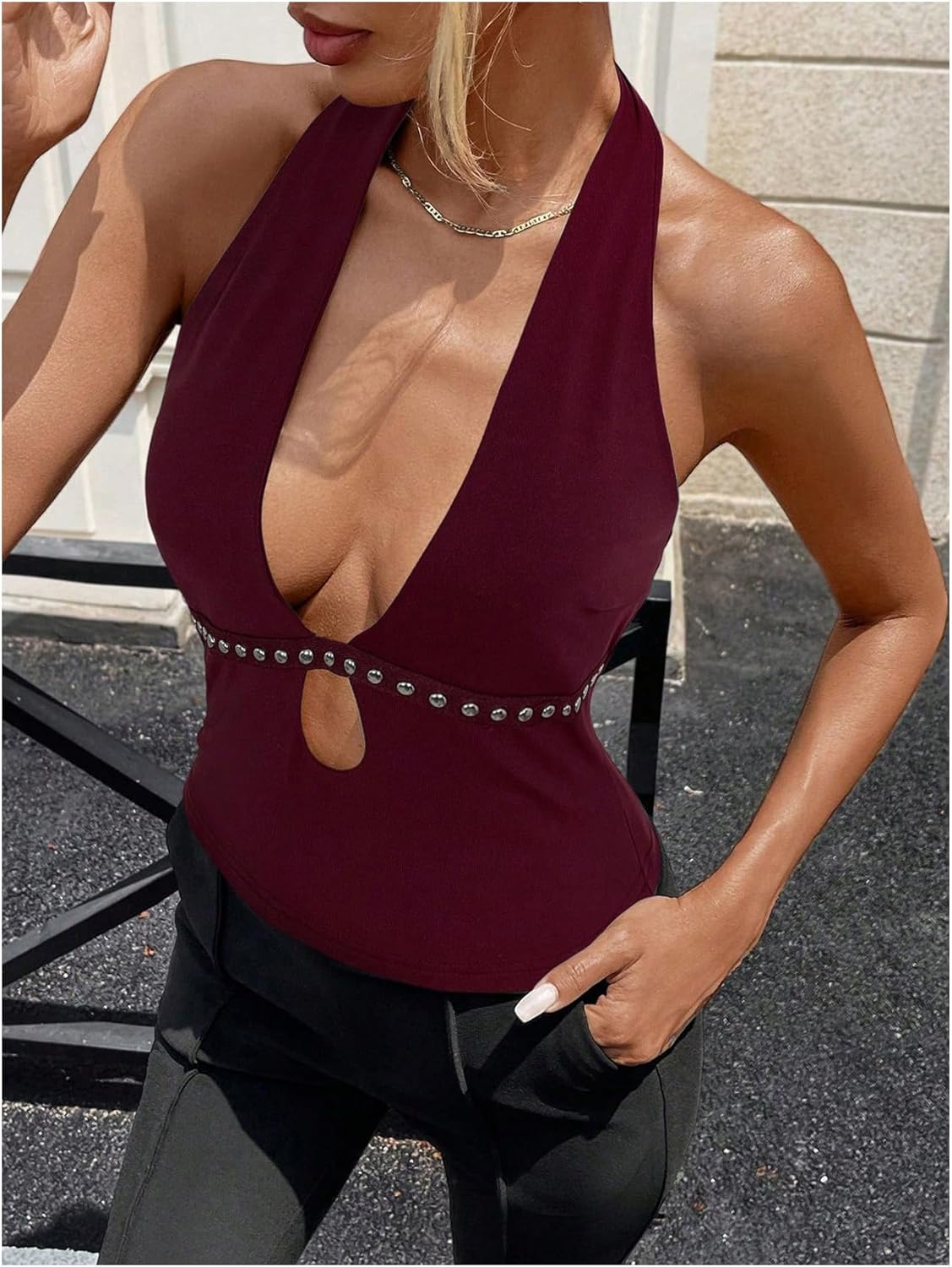 SweatyRocks Women's Deep V Neck Cut Out Halter Top Sexy Rivet Sleeveless Tie Backless Fitted Party Tops - Image 2