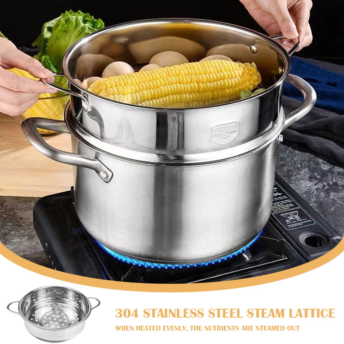 Olla de vapor de acero inoxidable, redonda de 8.6 pulgadas con estante de cocina y cesta de vapor de alimentos para cocina Dim Sum Dumplings Bun (plata, 22 cm)
