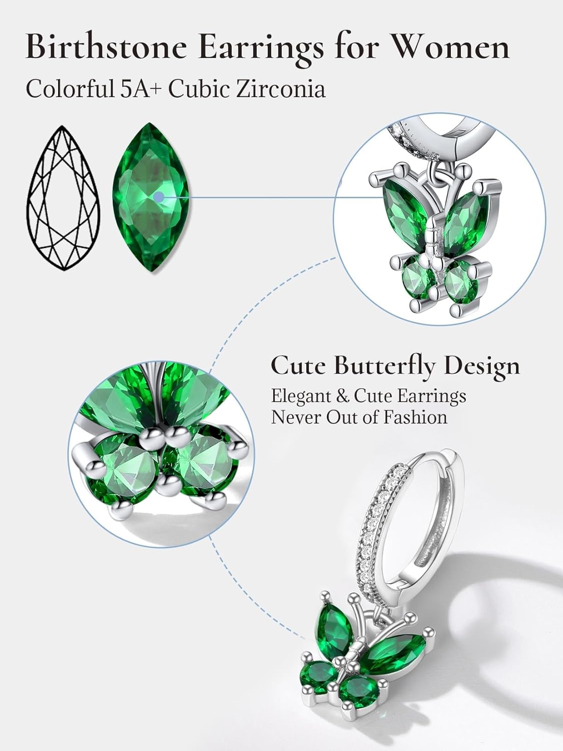 SILVERCUTE 925 Sterling Silver Butterfly Earrings - Hypoallergenic Birthstone Earrings for Women, Butterfly Dangle Earring,Dainty Birthday Gifts for Women/Her - Image 4