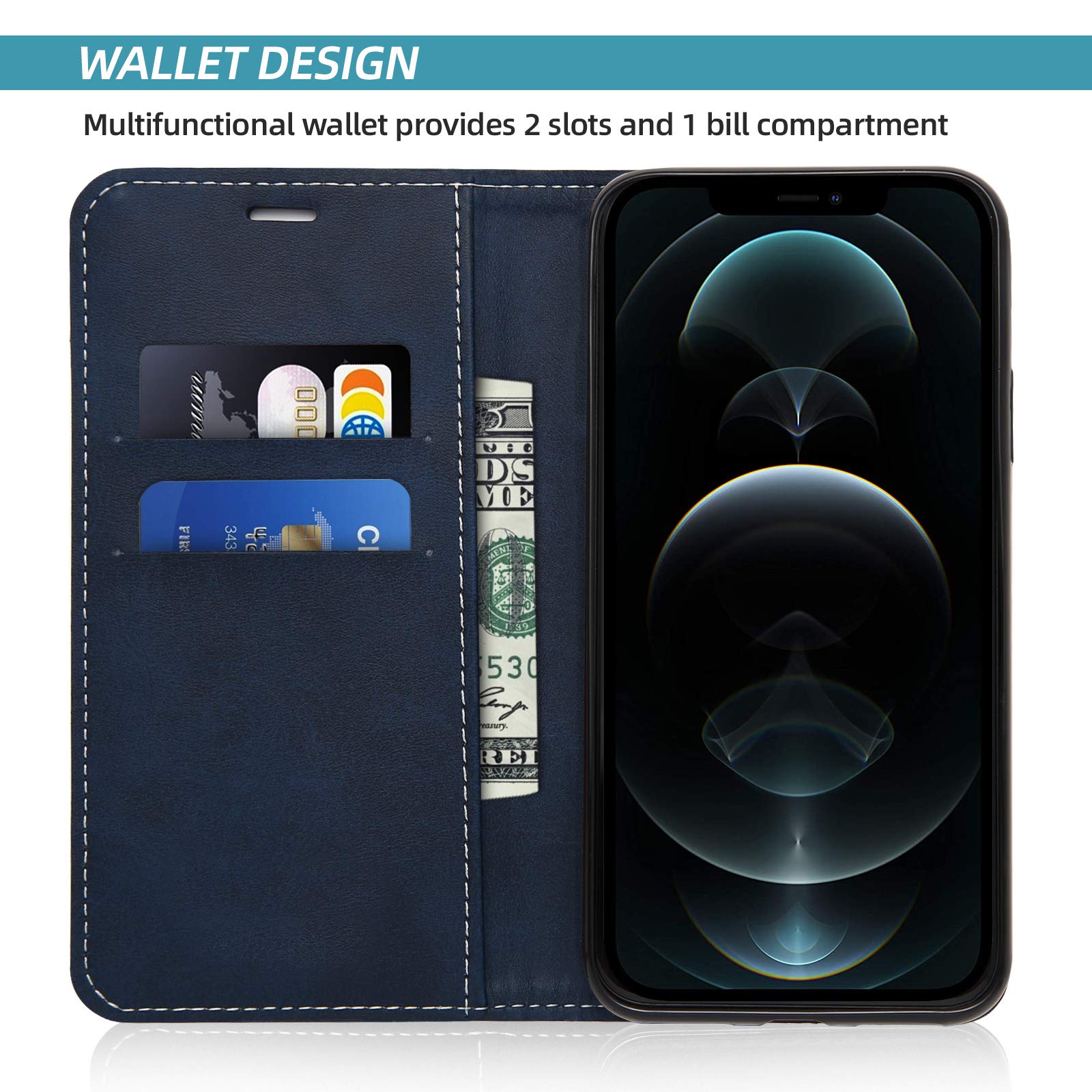 Custodia per iPhone 12 Pro Max 6.7 Custodia a portafoglio con protezione dello schermo in vetro temperato e pelle sottile Flip Cover titolare della carta del supporto iPhone12promax 5G i 12s Plus