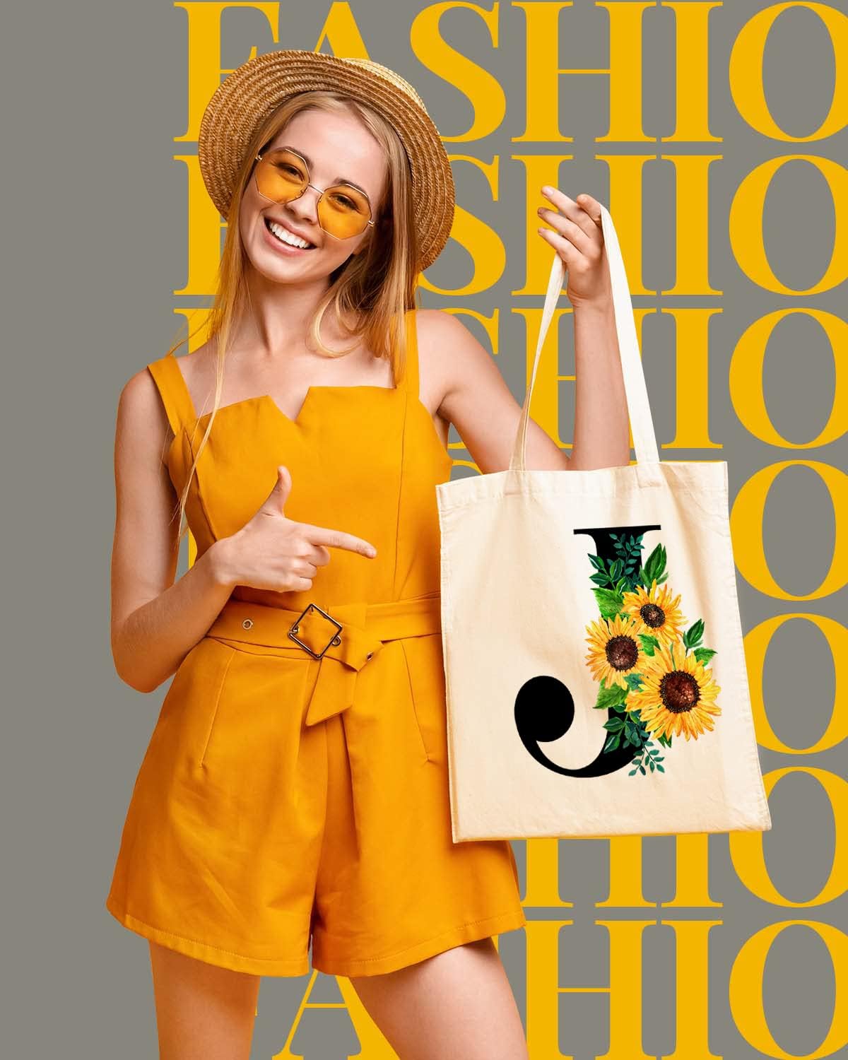 AUSVKAI Canvas Tote Bag Aesthetic for Women, Cute Sunflower Initial Personalized Initial Birthday Reusable Bags for Grocery Shopping Beach - Image 2