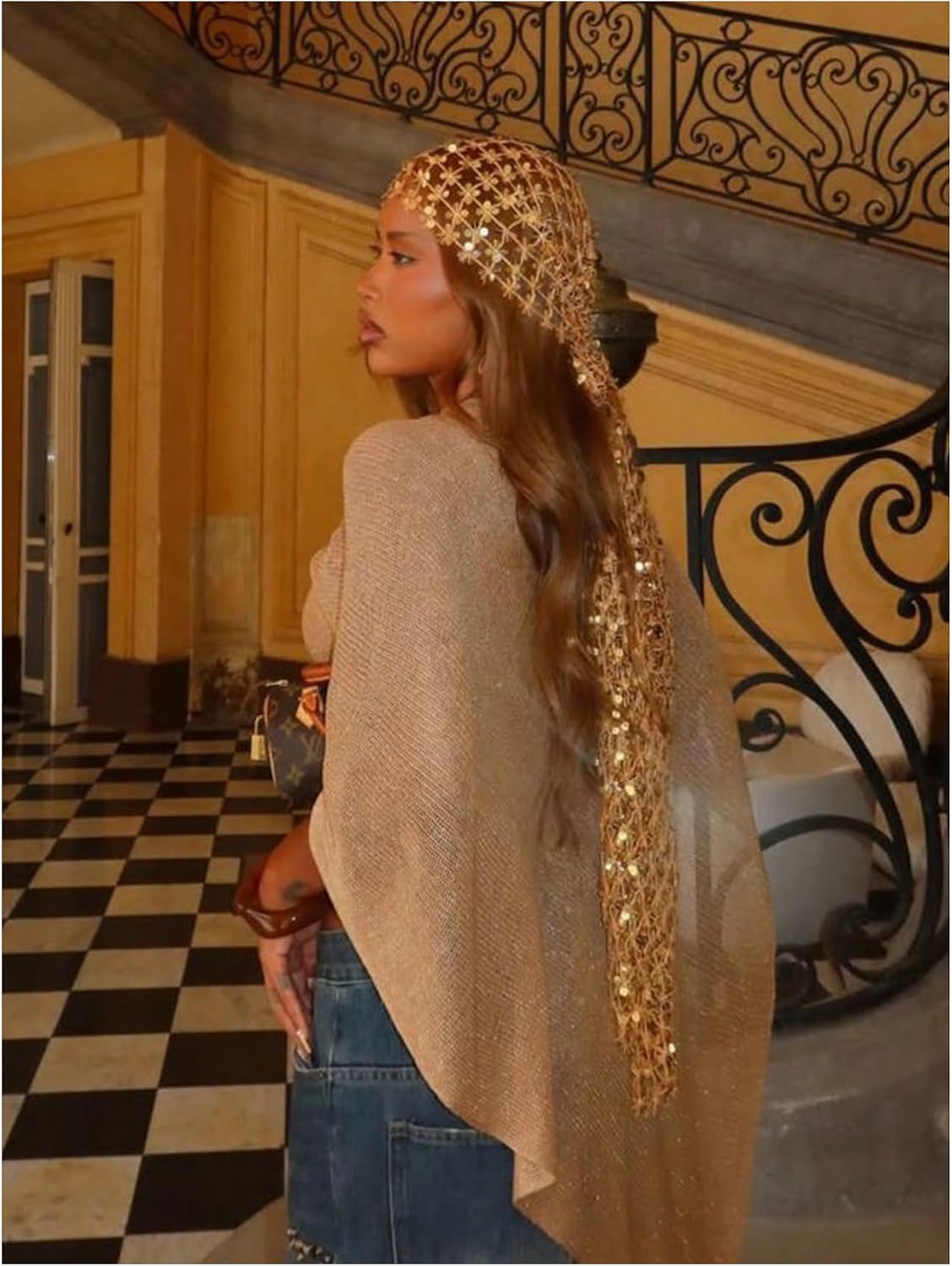 MakeMeChic Women's Sequin Head Scarf Fringe Bandana Hair Bands Scarf