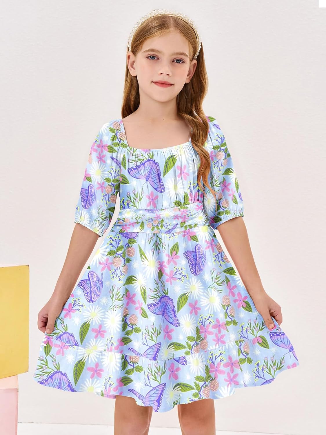 Girls Summer Dresses Square Neck Lantern Sleeve Tie Backless Ruffle A-Line Party Mini Dress - Image 2