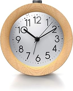 Bearware - Sveglia Classica da Comodino – Vero Legno d‘Acero – Allarme a Volume Crescente - Illuminabile Bianca - Snooze – silenziosa - Funzionamento a Batteria – Diametro 10 cm