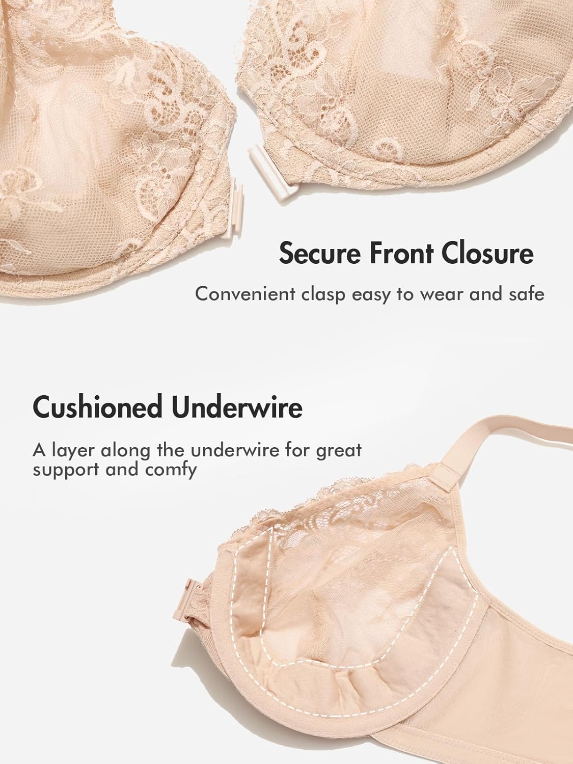 DELIMIRA Women's Front Closure Lace Underwire Sheer Bras Plus Size Full Coverage Sexy Plunge Unlined Bra - Image 4