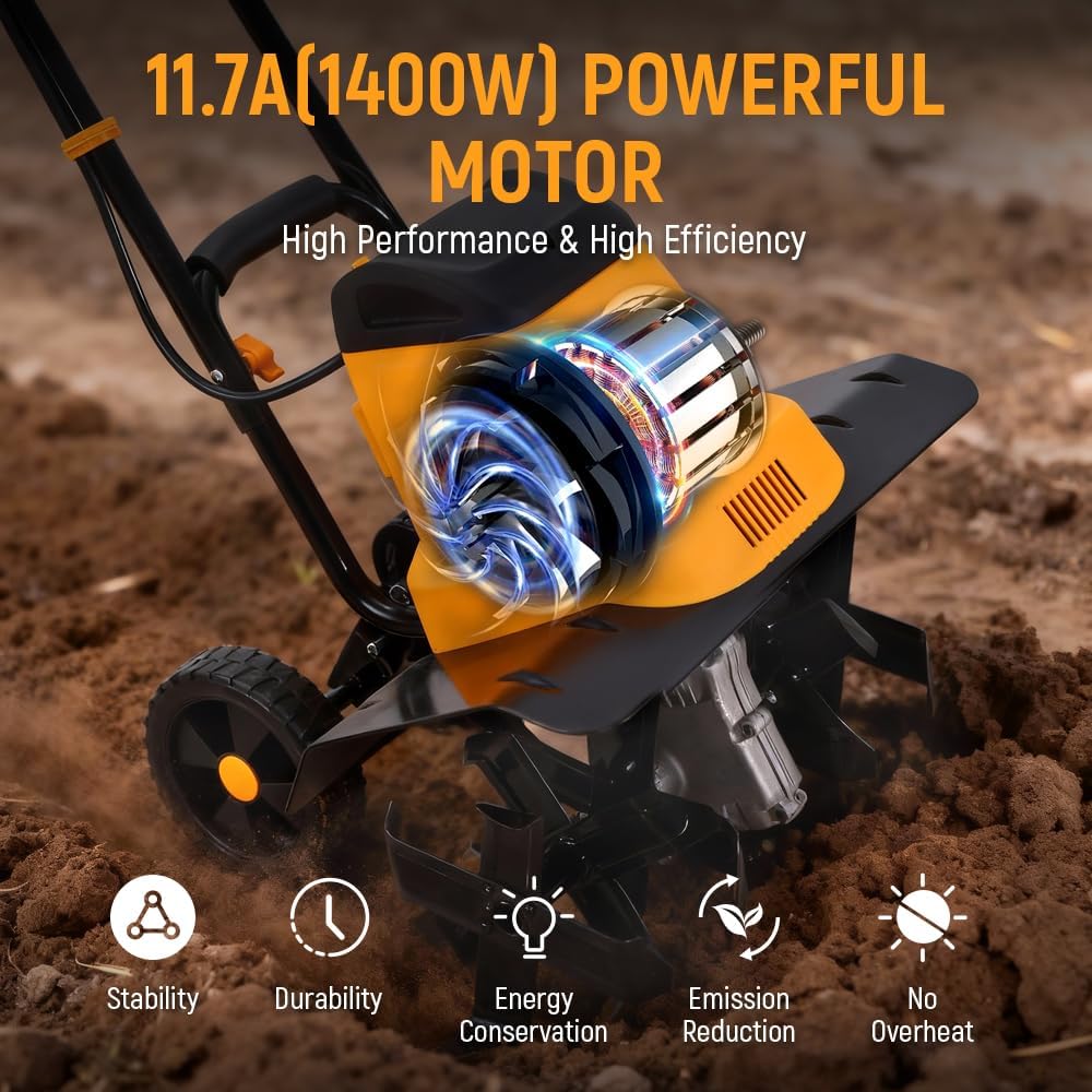 Hoteche Electric Tiller, 1400W 330RPM with 430MM Working Width & 200MM Depth, 6 Steel Blades, Orange & Black, Color Box