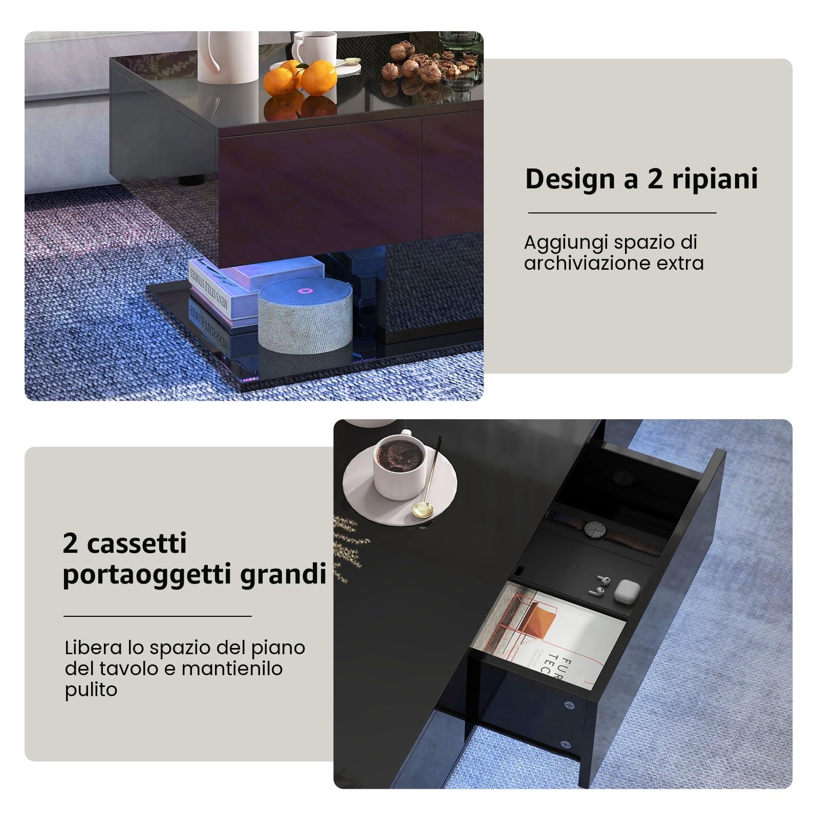 LIFEZEAL Tavolo Basso con Illuminazione LED, Tavolo da Salotto Lucido con 20 Colori e Telecomando, Tavolo Basso Moderno con 2 Cassetti, 110x60x40 cm, per Soggiorno, Ufficio (Nero)