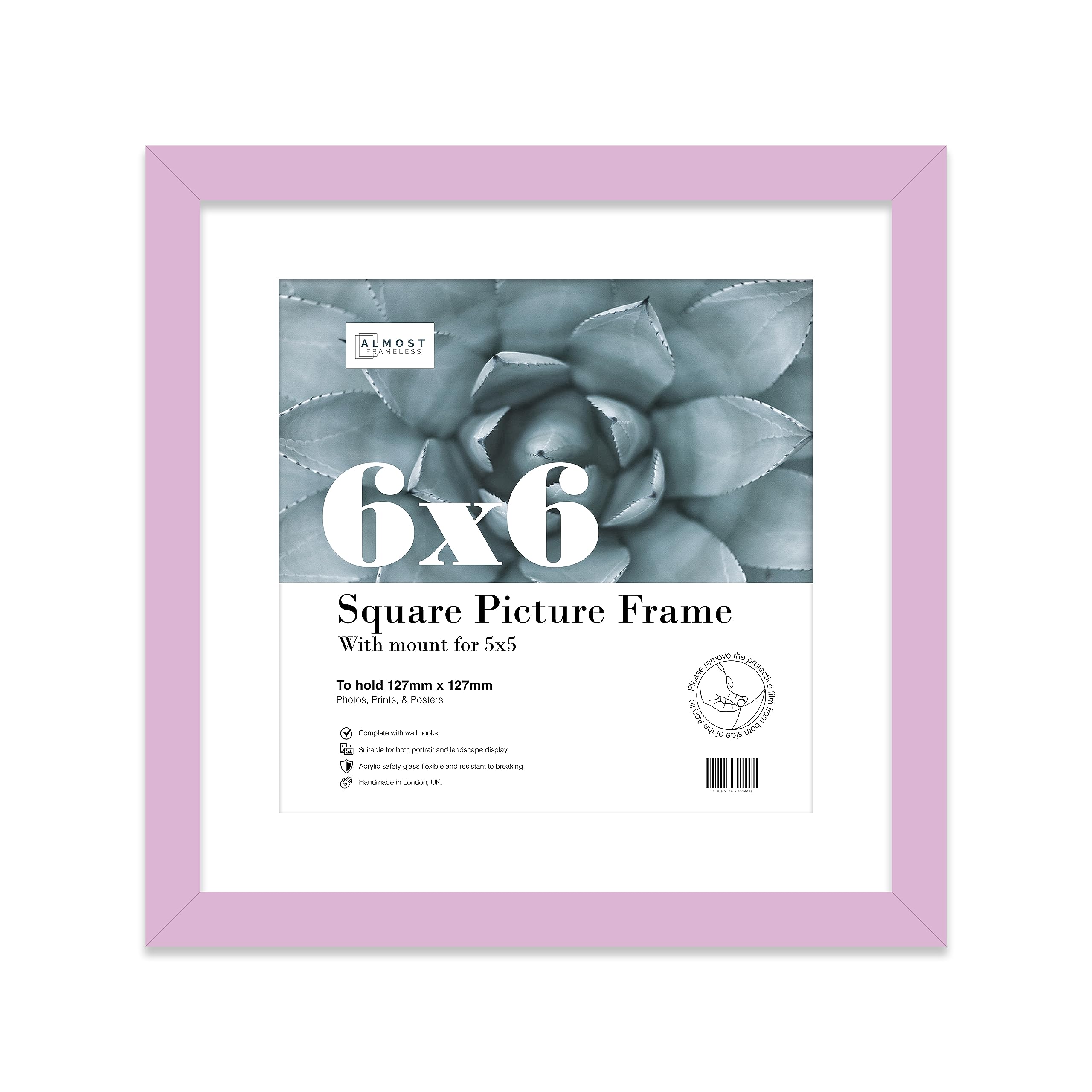 Almost Frameless 6x6 Picture Frame, Display Pictures 5x5 With Mat or 6x6 Without Mat, Wall Hanging & Free Standing Photo Frame, Lilac, 1 Pack