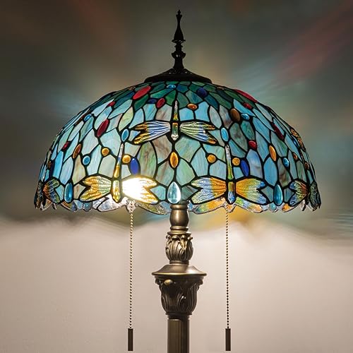 Tiffany Style Floor Lamp, 16" Stained Glass Dragonfly Shade with