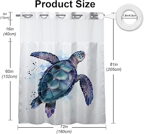 Vista 246 de Cortina de ducha de tortugas marinas, temática náutica de playa, verde y verde azulado, sin ganchos, punto gofre y forro desmontable, decoración