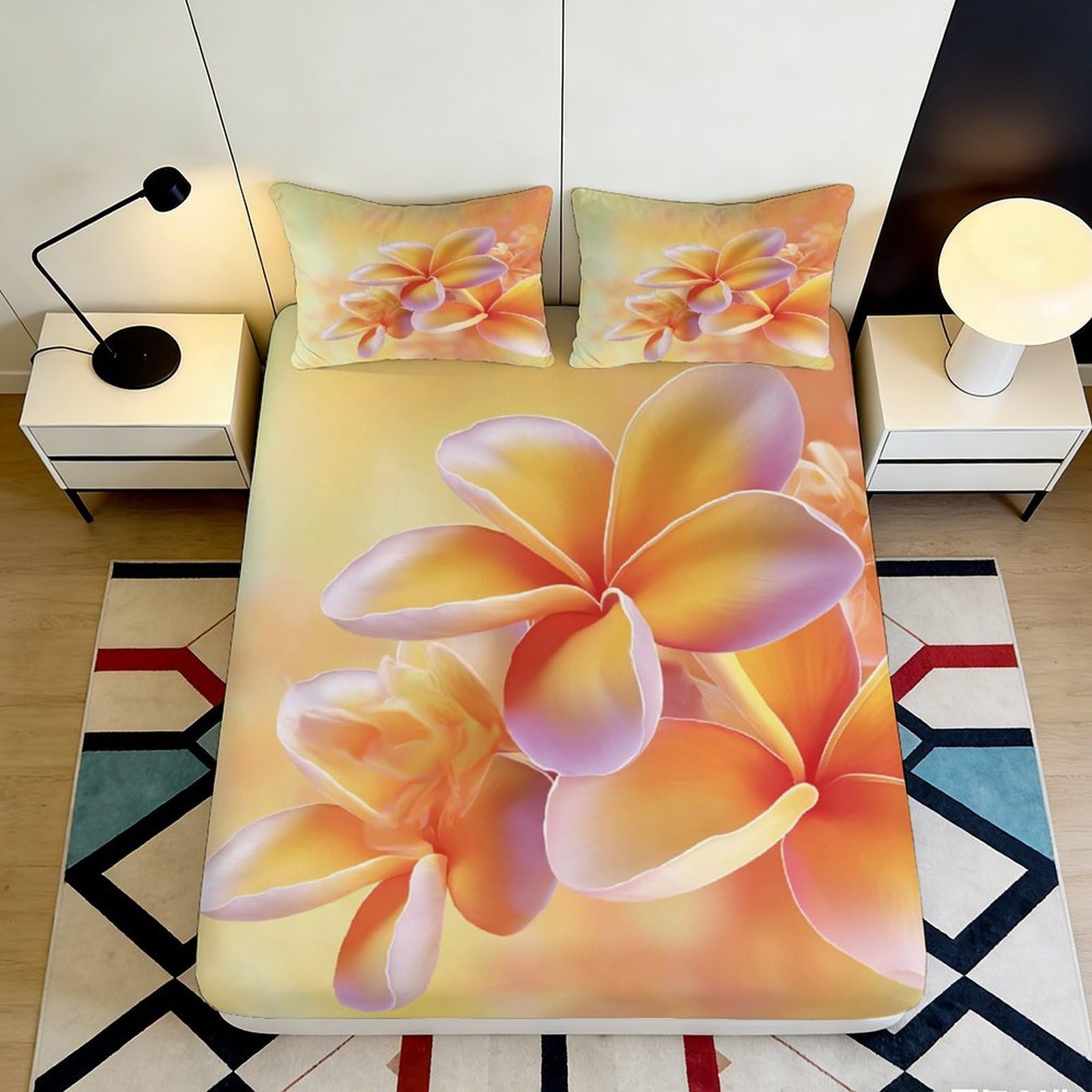 3D Printed Plumeria Flower Fitted Sheet Microfiber Soft Anti-Slip Tropical Blossom Bed Cover for Bedroom Dorm Mattress Protection Decor 90x200x25cm