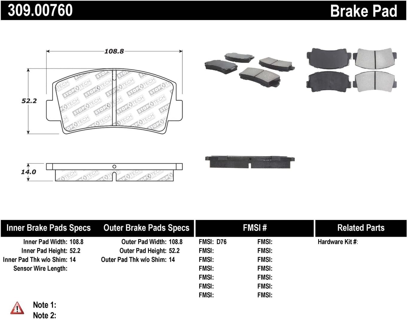 StopTech 309.00760 Sport Brake Pads with Shims
