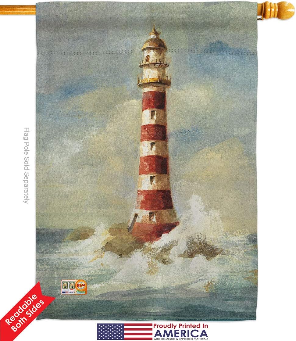 Lighthouse by the Sea House Flag Dowel Set Coastal Nautical Anchor Sailor Shells Outdoor Summer Ocean Small Decorative Gift Yard Banner Double-Sided Made In USA 28 X 40