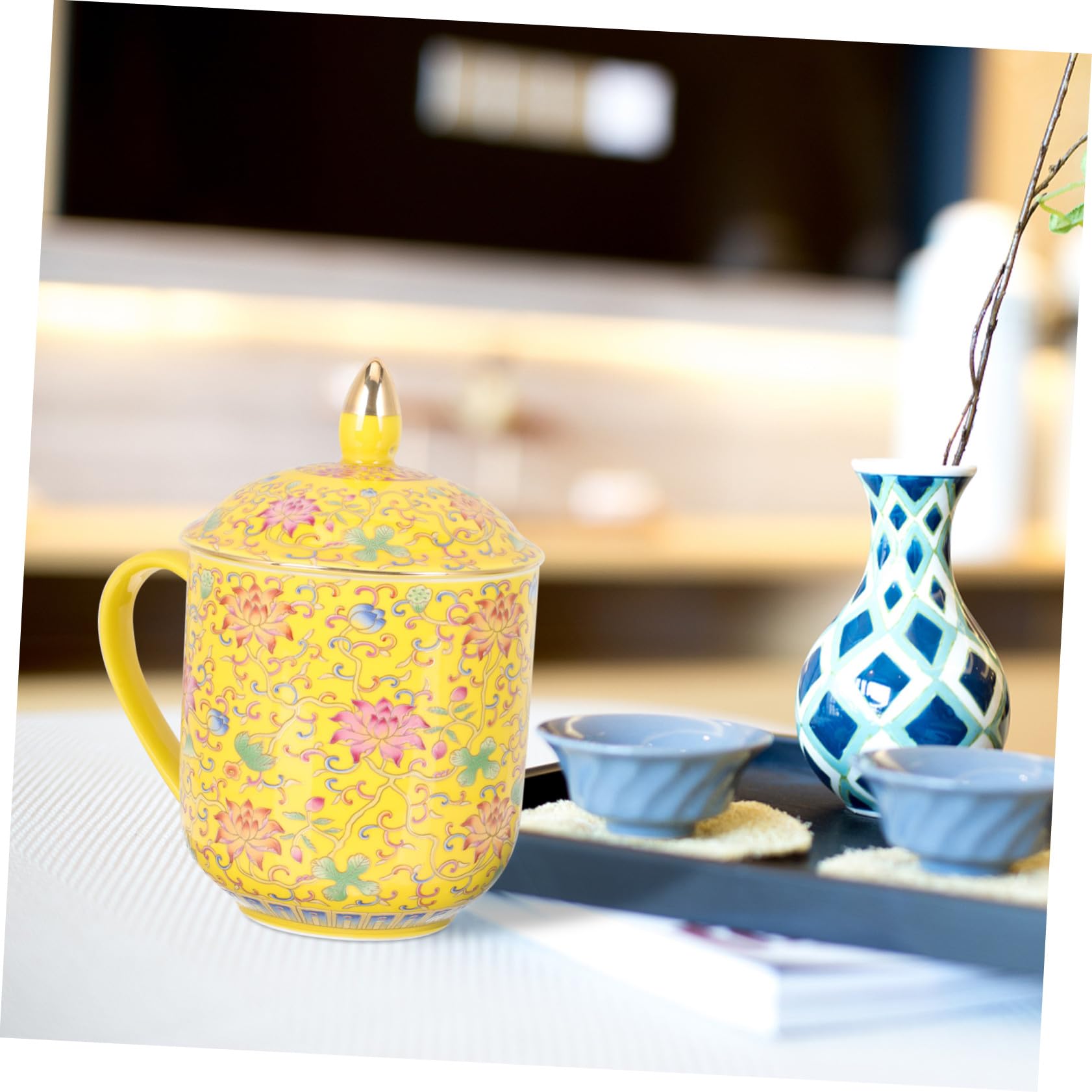 Teetasse als Asiatisches Teetassen Satz mit Deckel und Teesieb Keramik Gelb im Klassischen Retro Stil Geeignet für Restaurant und Teehäuser