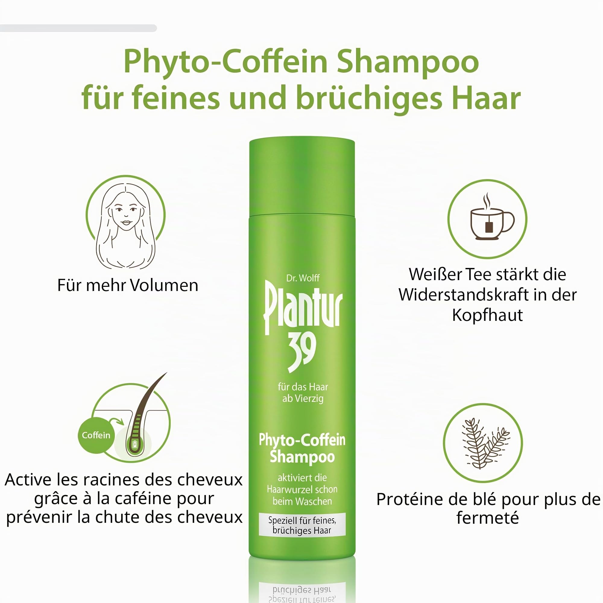 Plantur 39 Shampooing Phyto à la caféine - 3 x 250 ml - Spécial cheveux fins et cassants - Shampooing de soin pour prévenir la chute de cheveux ménopausique