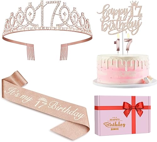 Decoraciones de cumpleaños de 17 años para niñas, que incluyen banda de cumpleaños para niña, corona, velas numéricas y adorno para pastel regalos,