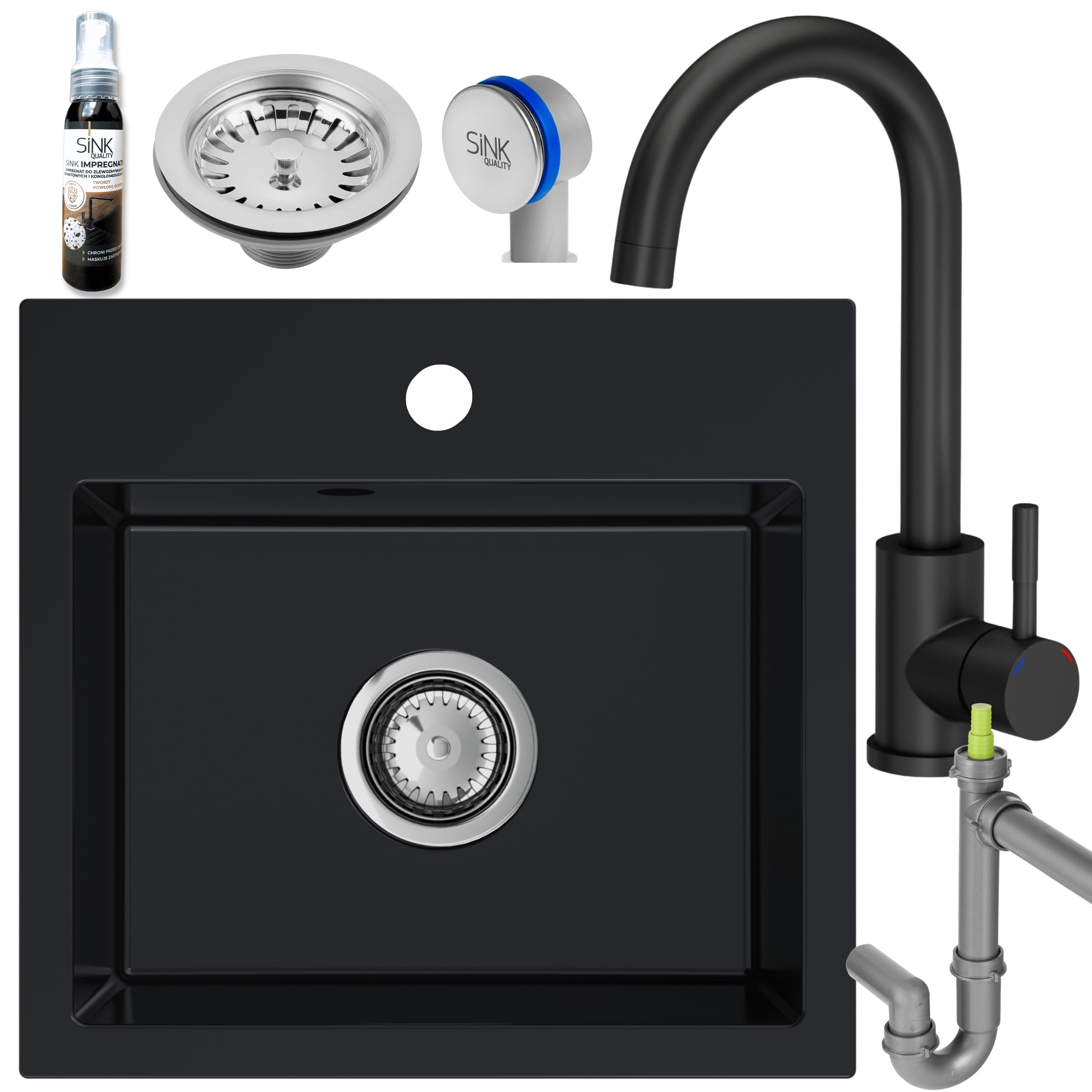 SINK Quality czarny zlewozmywak z armaturą zestaw 45 × 42 cm – zlewozmywak z kranem, syfonem i impregnacją – kompletny zestaw z granitu – zlewozmywak do szafki pod umywalkę od 45 cm