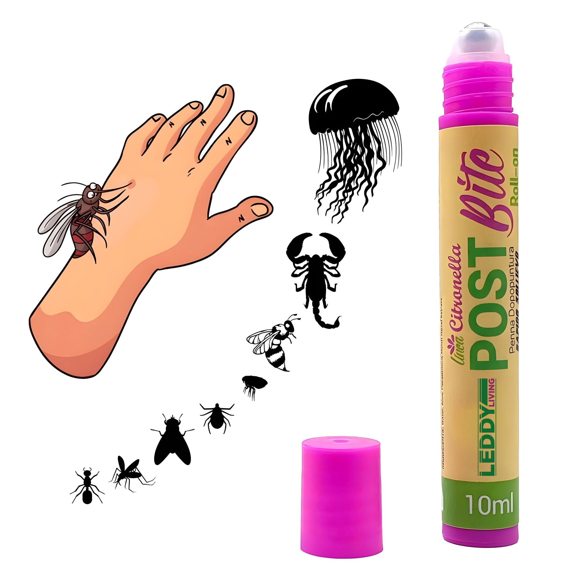 Penna Roll-On Dopopuntura Naturale - Sollievo Immediato da Prurito e Rossore per Punture di Zanzare, Vespe, Api, Zecche, Pulci, Meduse - Aloe, Menta e Citronella (10 ML)