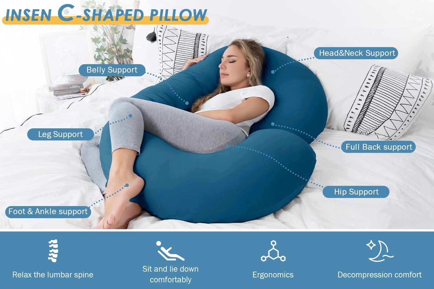 INSEN Pregnancy Body Pillow with Jersey Cover,C Shaped Full Body Pillow for Pregnant Women