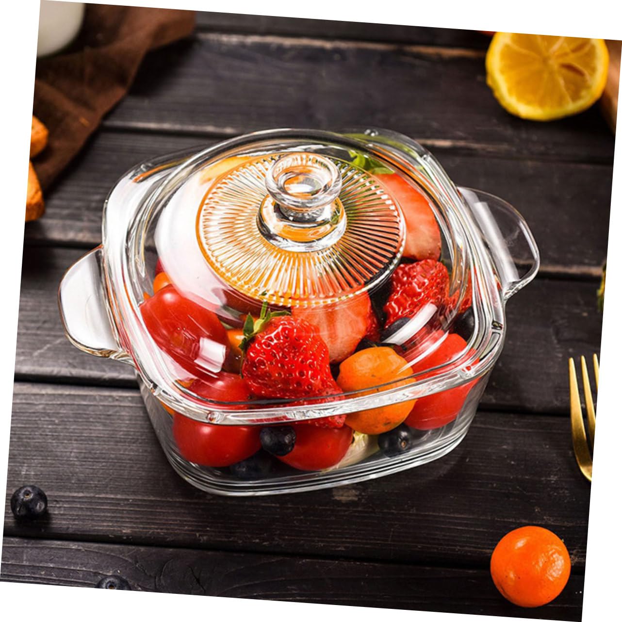 Kühlschrankschüssel aus Hitzebeständigem Glas mit 1l Fassungsvermögen und 2 Griffen Mikrowellengeeignete Auflaufform mit Deckel für Buffet und Snack Riegel