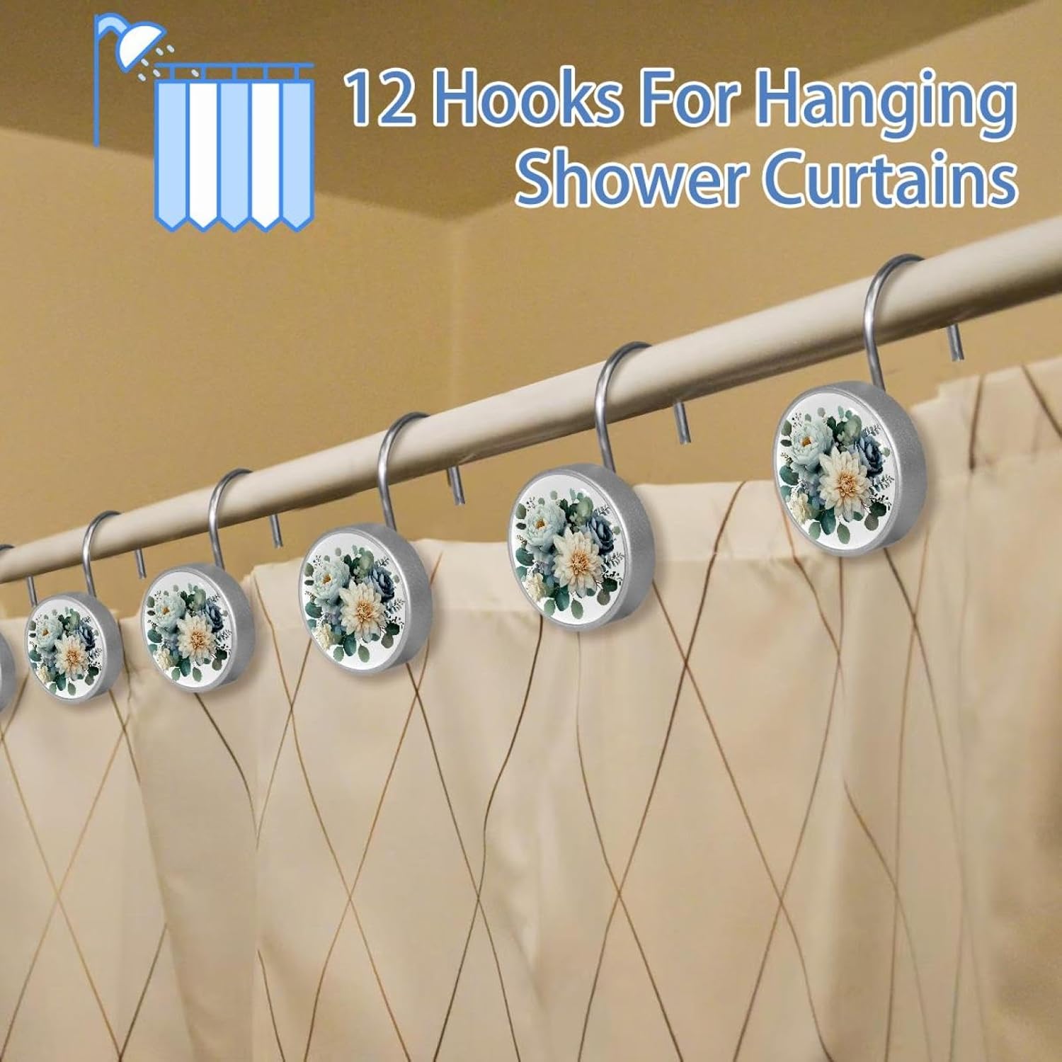 12 Pcs Round Shower Curtain Hooks Stainless Steel Decorative Hanger Rings for Bathroom Kitchen Bedroom Curtain Rods, Silver sage Green (1)