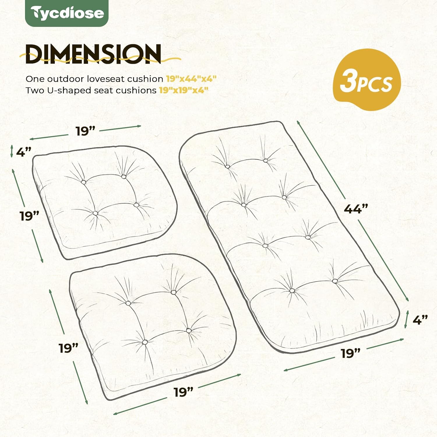 All Weather Outdoor Wicker Chair Cushions of 3 Pieces, Waterproof Outdoor Wicker Chair Cushion for Patio Furniture Loveseat Settee Bench, 1 Loveseat and 2 U-Shaped Thickened Cushions, Green