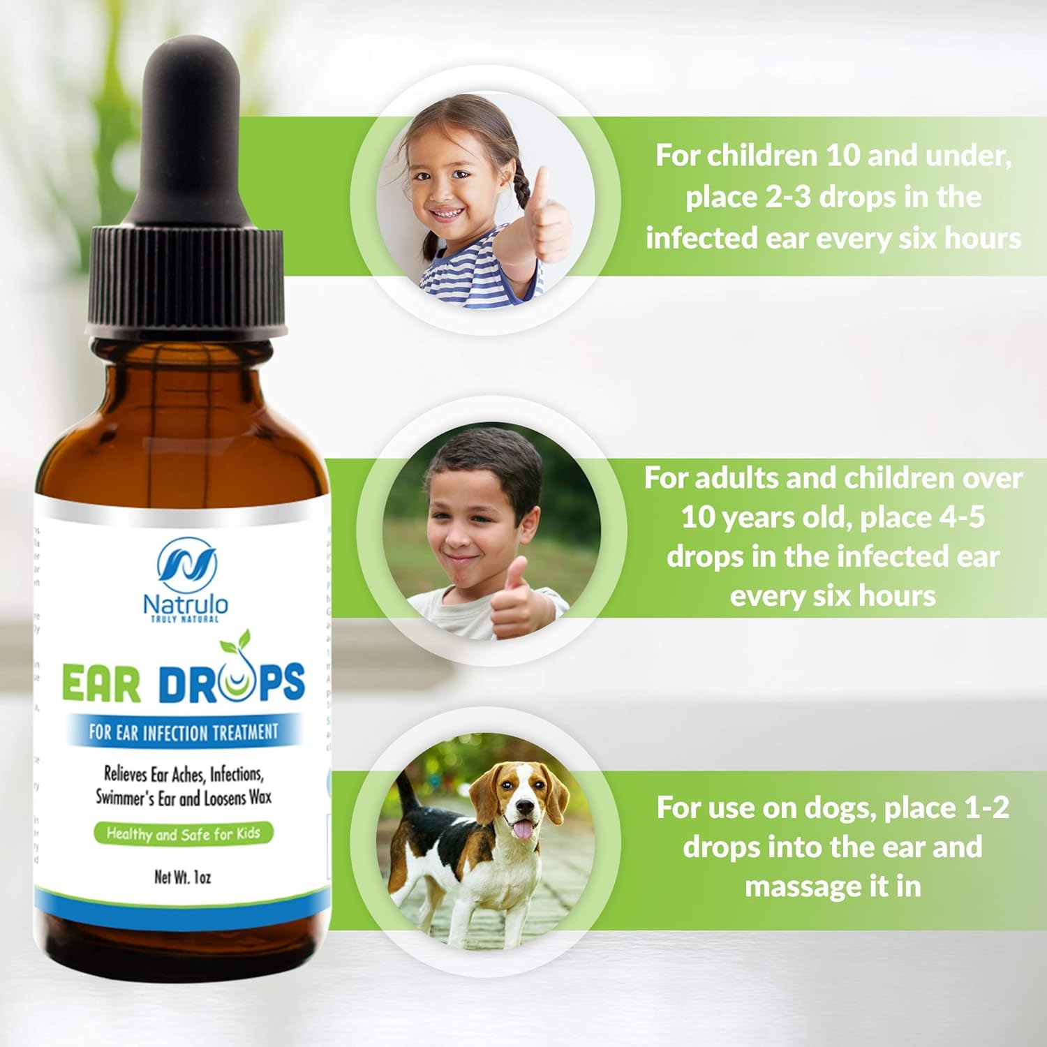 Natrulo Natural Ear Drops for Ear Infection Treatment - Homeopathic, Herbal Eardrops for Adults, Children & Pets - Relieves Ear Aches, Infections, Swimmer's Ear, Loosens Wax - Kids Safe, Made in USA : Health & Household
