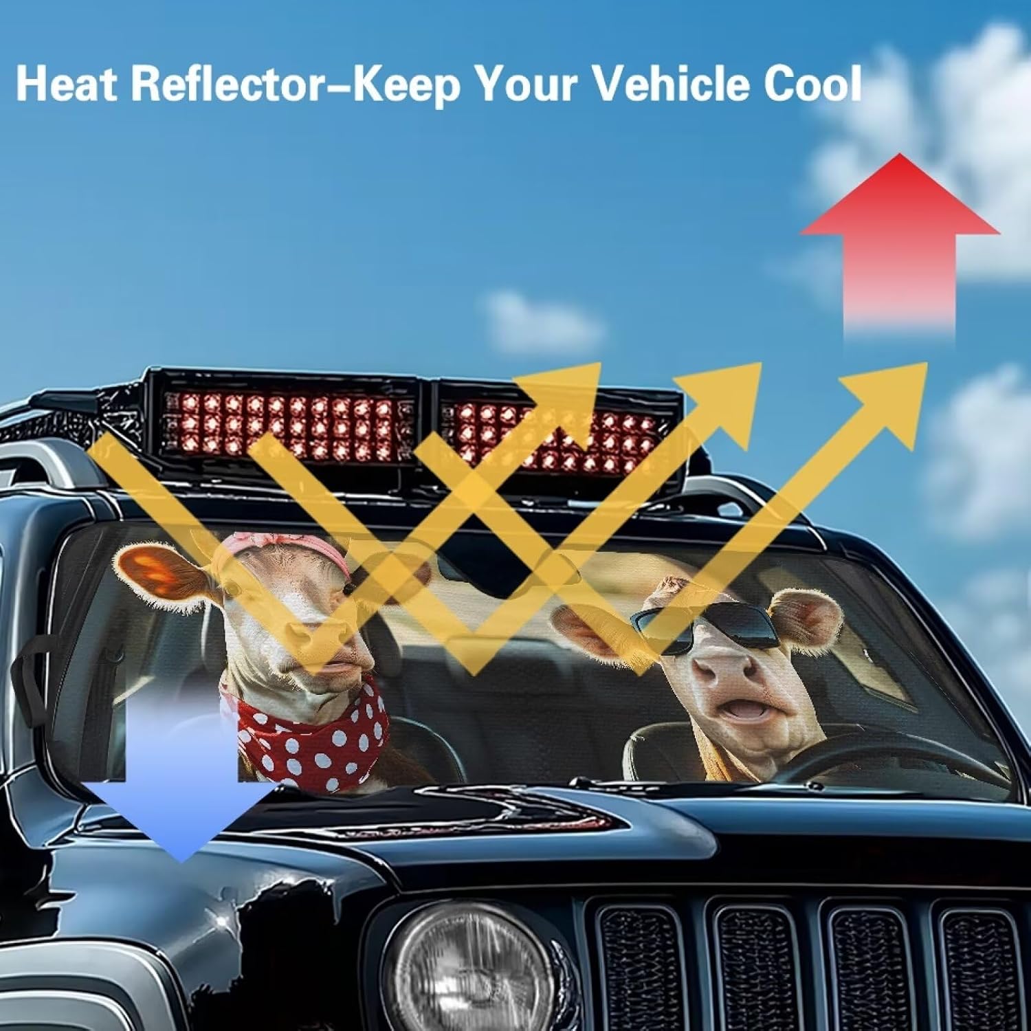 Funny Cow Windshield Sun Shade Compatible with Jeep Wrangler JK JKU JL JLU 1997-2023 & Jeep Gladiator JT 2020-2023 16.5"x52.5" Folding Front Window Sun Shade for Car Accessories