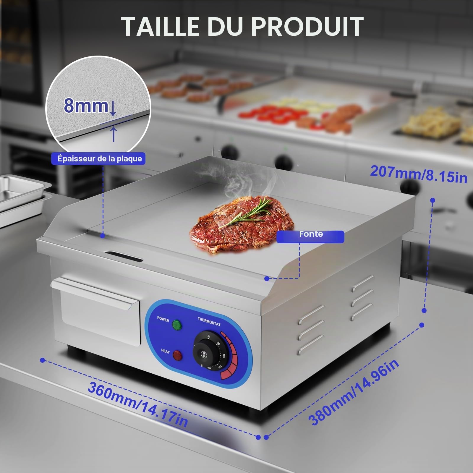 TAIMIKO 14" Plancha Électrique Inox Grill de Table Professionnelle 220-240V 1700W Plaque de gril en fer Surface plaque Lisse Anti-éclaboussures (35.5 x 30 cm)