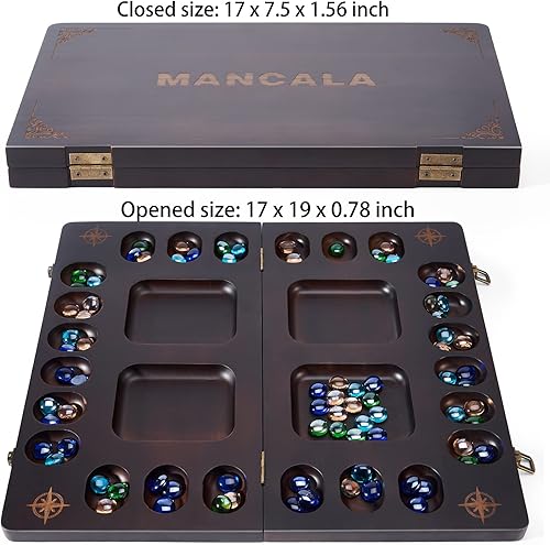 Miniatura 3 de VAMSLOVE Mancala - Juego de mesa para 4 jugadores, tablero plegable de madera maciza de lujo, 96+12 cuentas de piedra de vidrio multicolor,