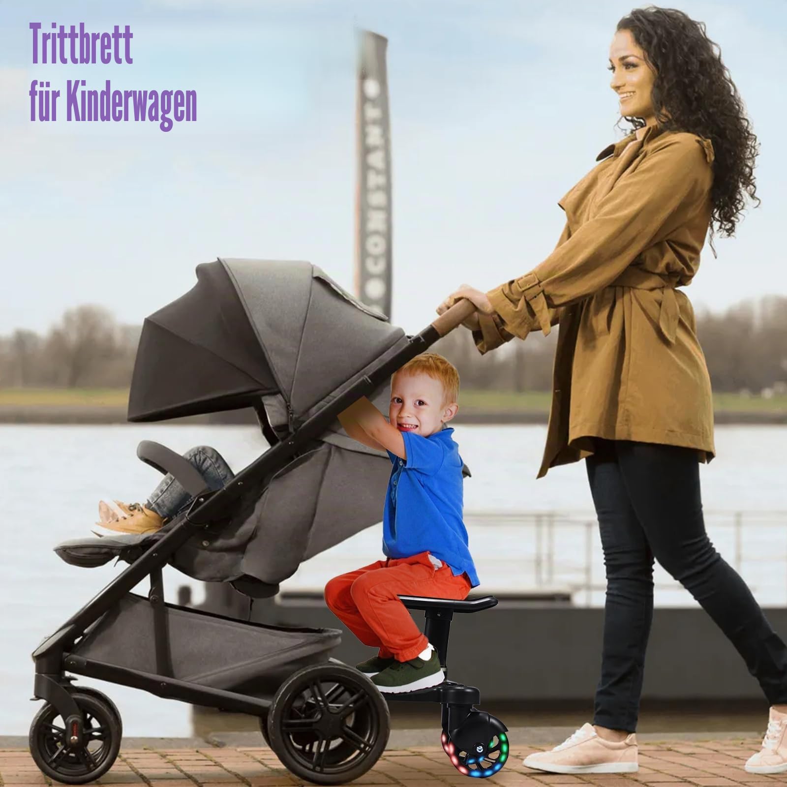 Buggy Board mit LED-Blitzräder, Trittbrett Mitfahrbrett Universal mit Sitz, Kiddy Board für 2-6 Jahre alte Kinder(Belastung 25 kg), Buggy Board für alle Kinderwagen