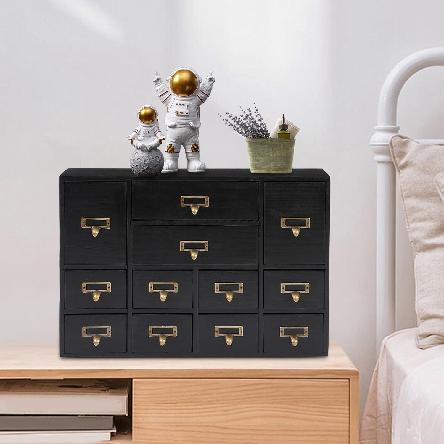 Mobile Contenitore in Legno A 12 Cassetti con Maniglie in Metallo - Perfetto per Organizzare Forniture da Farmacia, Materiali per Arti E Mestieri, Ufficio Domestico O Biblioteca. Black