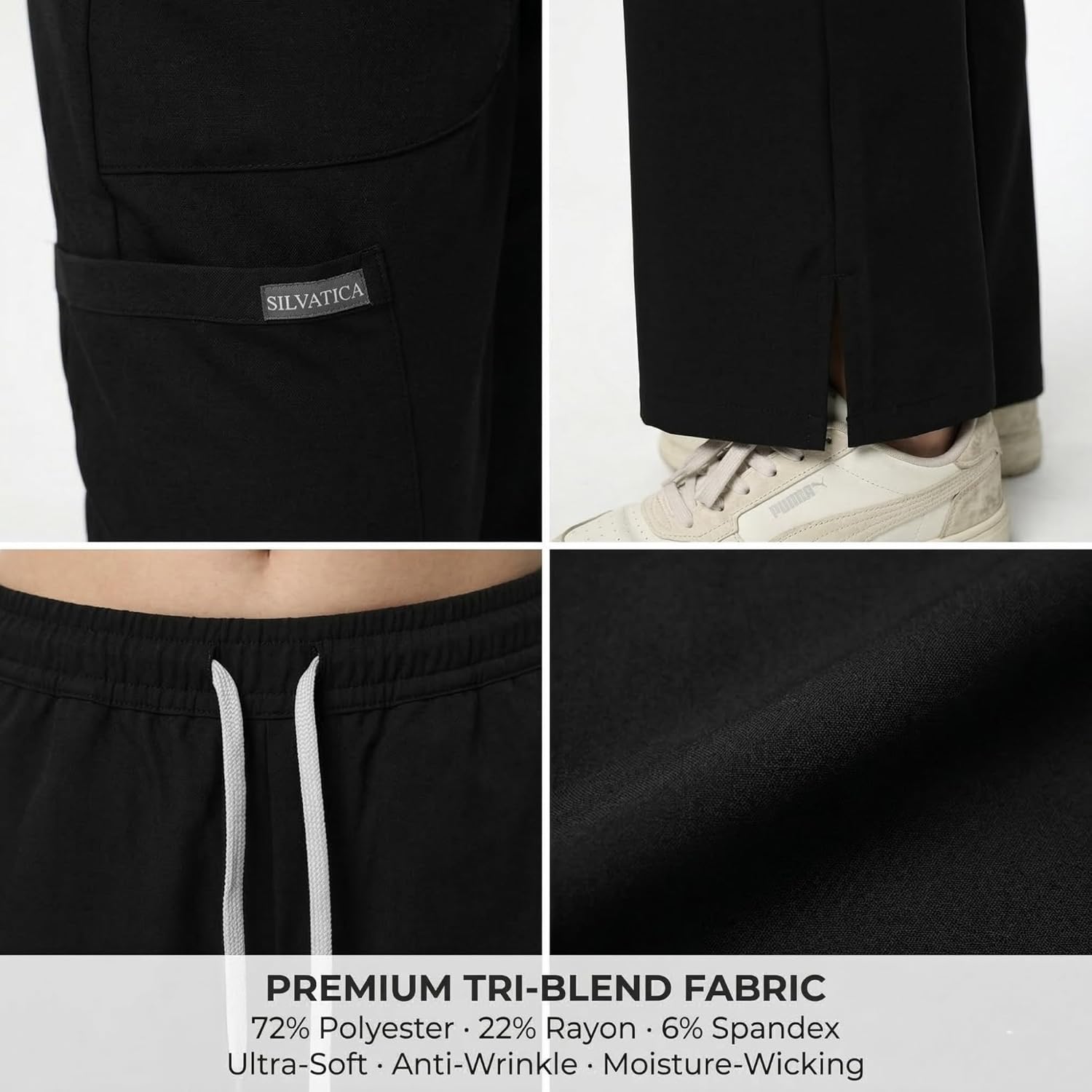 Silvatica Women's Straight Leg Scrub Pants | Cargo, 5 Pockets, Drawstring | 4-Way Stretch Turkish Fabric Medical Uniform