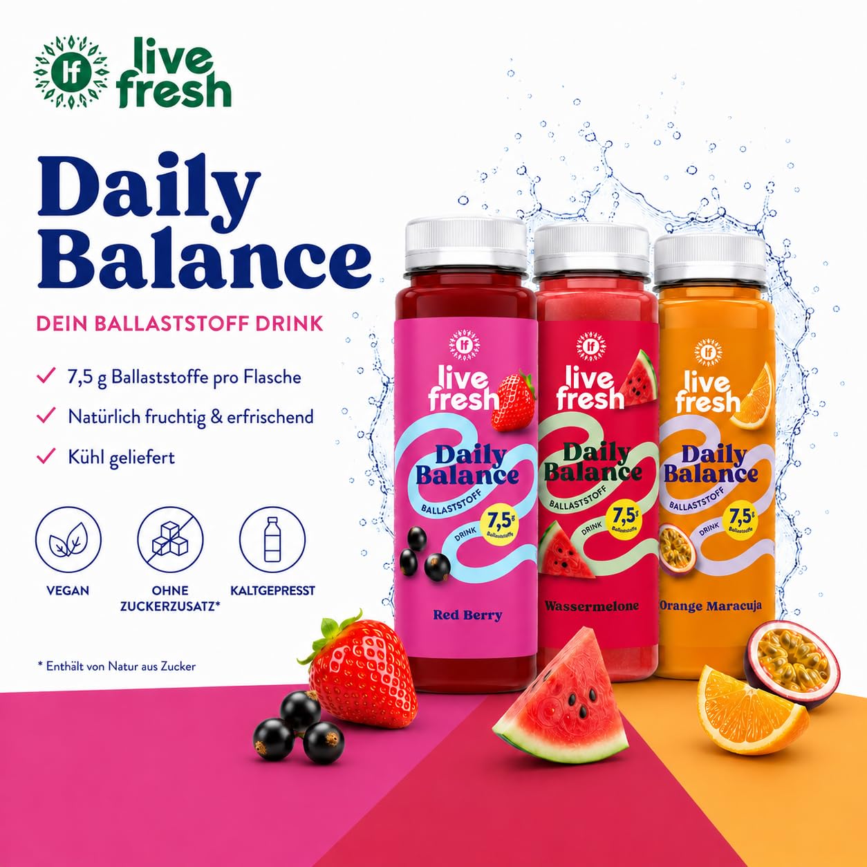 LiveFresh Ballaststoff Drink Probierpaket – 18x 250ml | 7,5g Ballaststoffe pro Flasche – Kaltgepresst¹ – Ohne Zuckerzusatz² – Mit Calcium