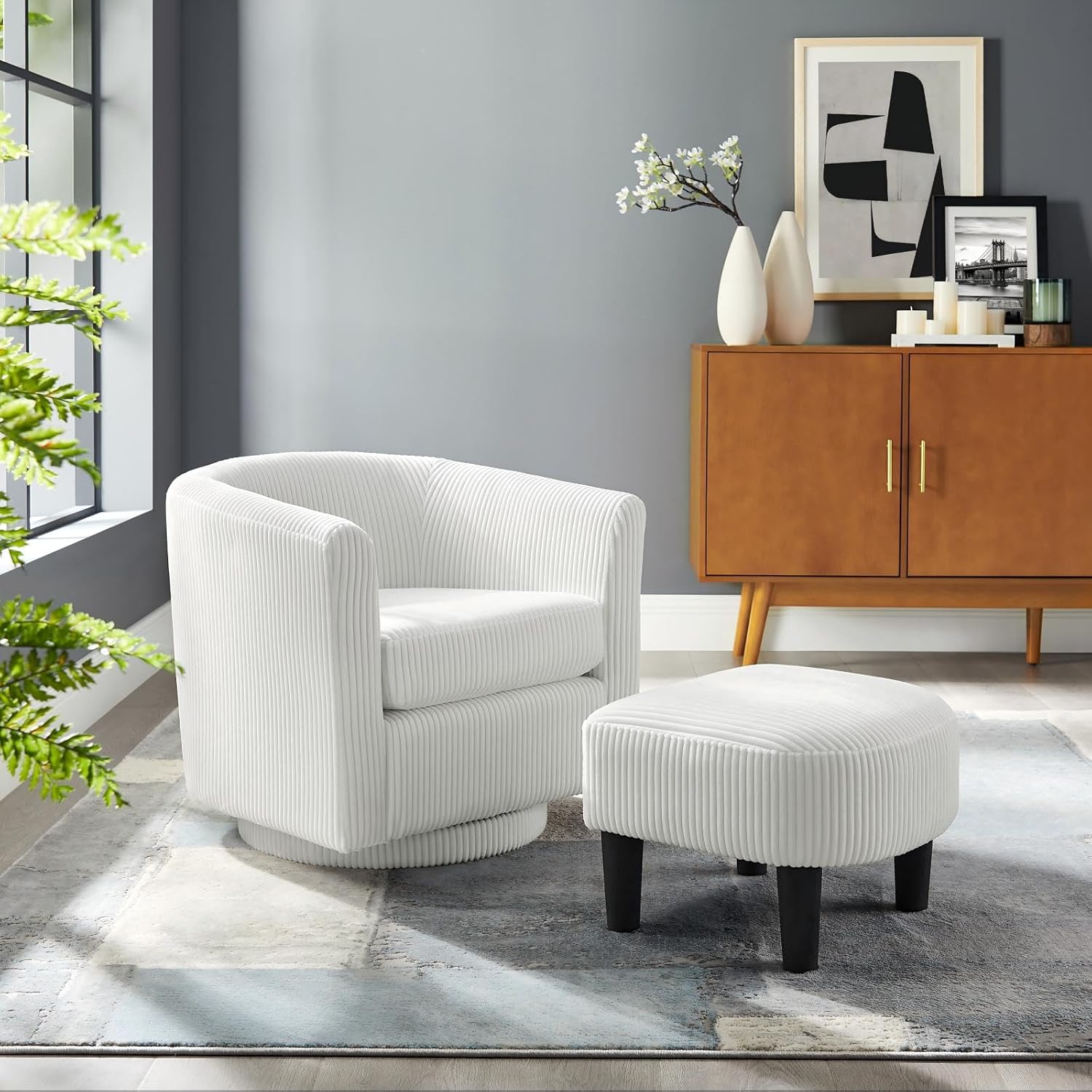 360° Swivel Corduroy Accent Chair with Ottoman – Reclining Armchair for Living Room & Bedroom, Single Sofa with Full Rotation Base (White)