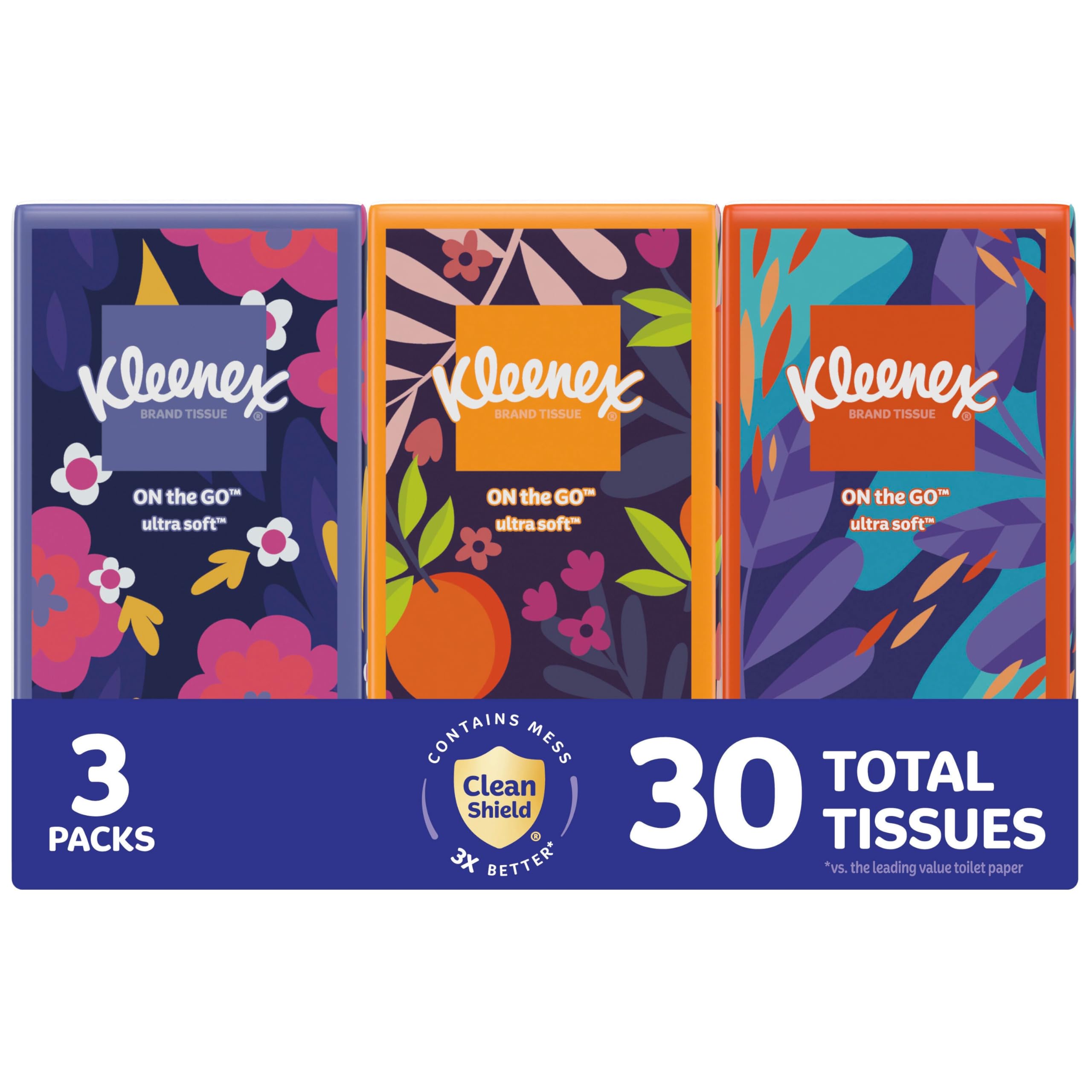 Kleenex On-The-Go Facial Tissues 3 On-The-Go Packs 10 Tissues per Box 3-Ply 30 Total Tissues Packaging May Vary