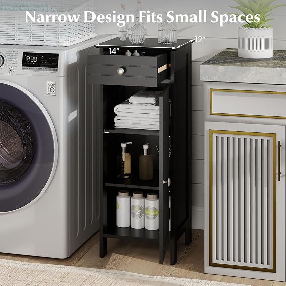 Tangkula Bathroom Floor Cabinet, Free-Standing Single Door Storage Cabinet with Drawer & 2 Adjustable Shelves, Wooden 14L Narrow Side Storage Organizer for Small Spaces, Living Room, Kitchen (Black)