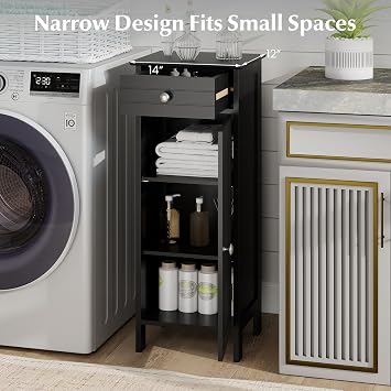 Tangkula Bathroom Floor Cabinet, Free-Standing Single Door Storage Cabinet with Drawer & 2 Adjustable Shelves, Wooden 14L Narrow Side Storage Organizer for Small Spaces, Living Room, Kitchen (Black)