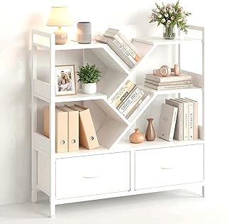 IRONCK Bücherregal mit 2 Schubladen, Baum Regal mit Rollen, Metallrahmen Standregal Würfelregal für Wohnzimmer Schlafzimmer Arbeitszimmer Büro 100x100x32cm (Weiß)