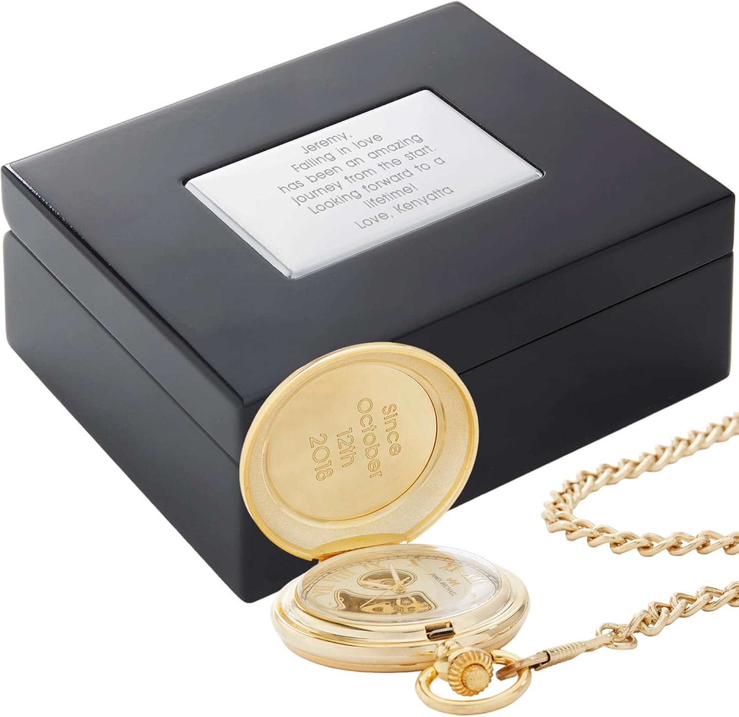 THINGS REMEMBERED Engraved Brushed Gold Skeleton Pocket Watch and Box (Free Customization)
