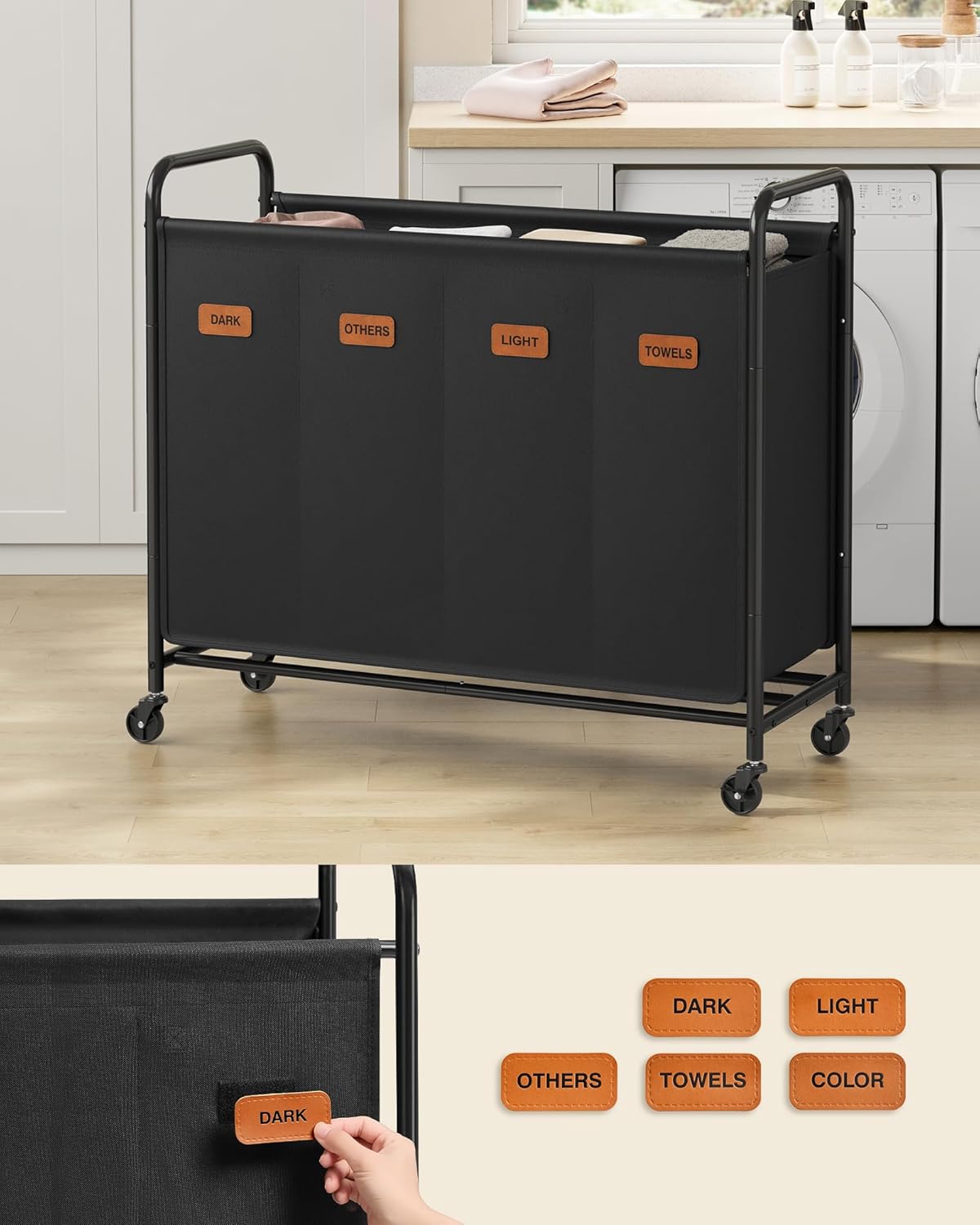 Assembled black rolling laundry hamper with four compartments, each labeled 'DARK', 'OTHERS', 'LIGHT', and 'TOWELS' with brown synthetic leather tags. A close-up shows a hand attaching a 'DARK' label.