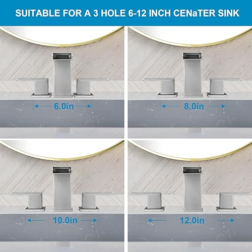 Miniatura 5 de OMEKNTOP Grifo de baño de níquel cepillado, 8 pulgadas, cascada, grifo de lavabo de 3 agujeros, grifo de baño con drenaje desplegable y manguera,