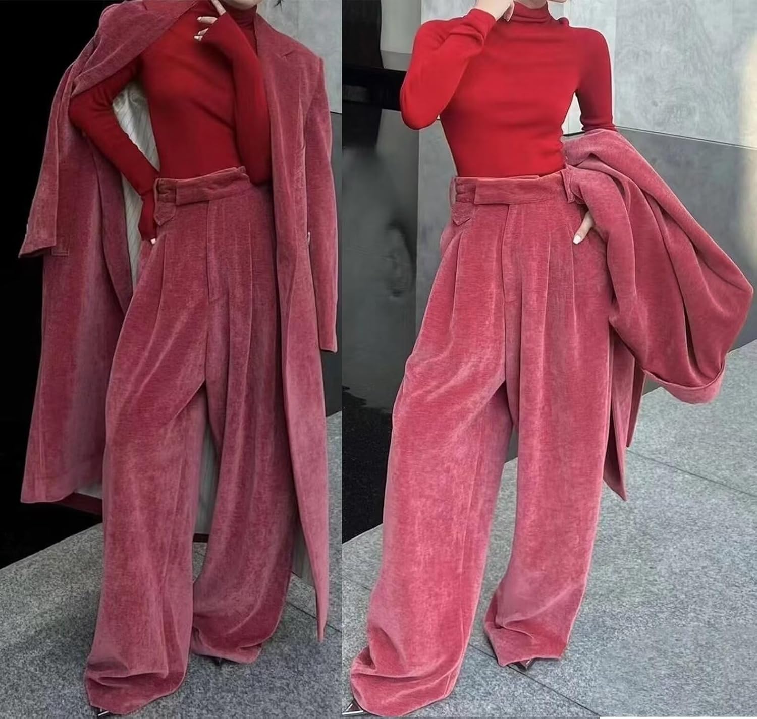 Women's Snow Velvet Suit Long Jacket Wide Leg Pants Two Pieces Tuxedos for Prom Banquet Party