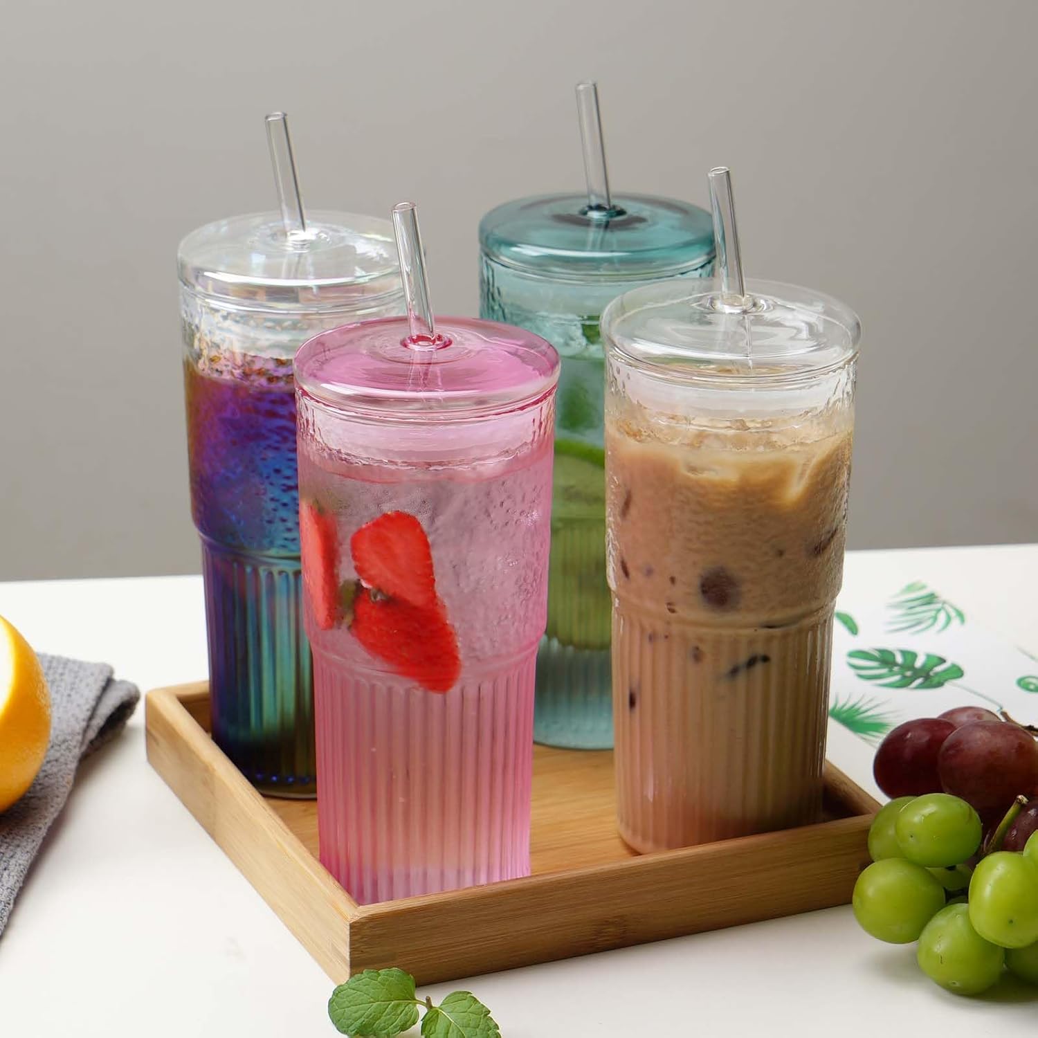 Glass Cups with Straws and Lids 2Pcs, 20oz Drinking Jar Glass Tumblers Iced Coffee Cups, Vintage Ripple Glassware Smoothie Cups for Water Coffee Tea Milk Cold or Hot Drinks (Green & Iridescent) - Image 8